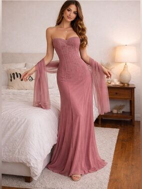 Strapless Rose Dust Evening Gown with Sheer Shawl
